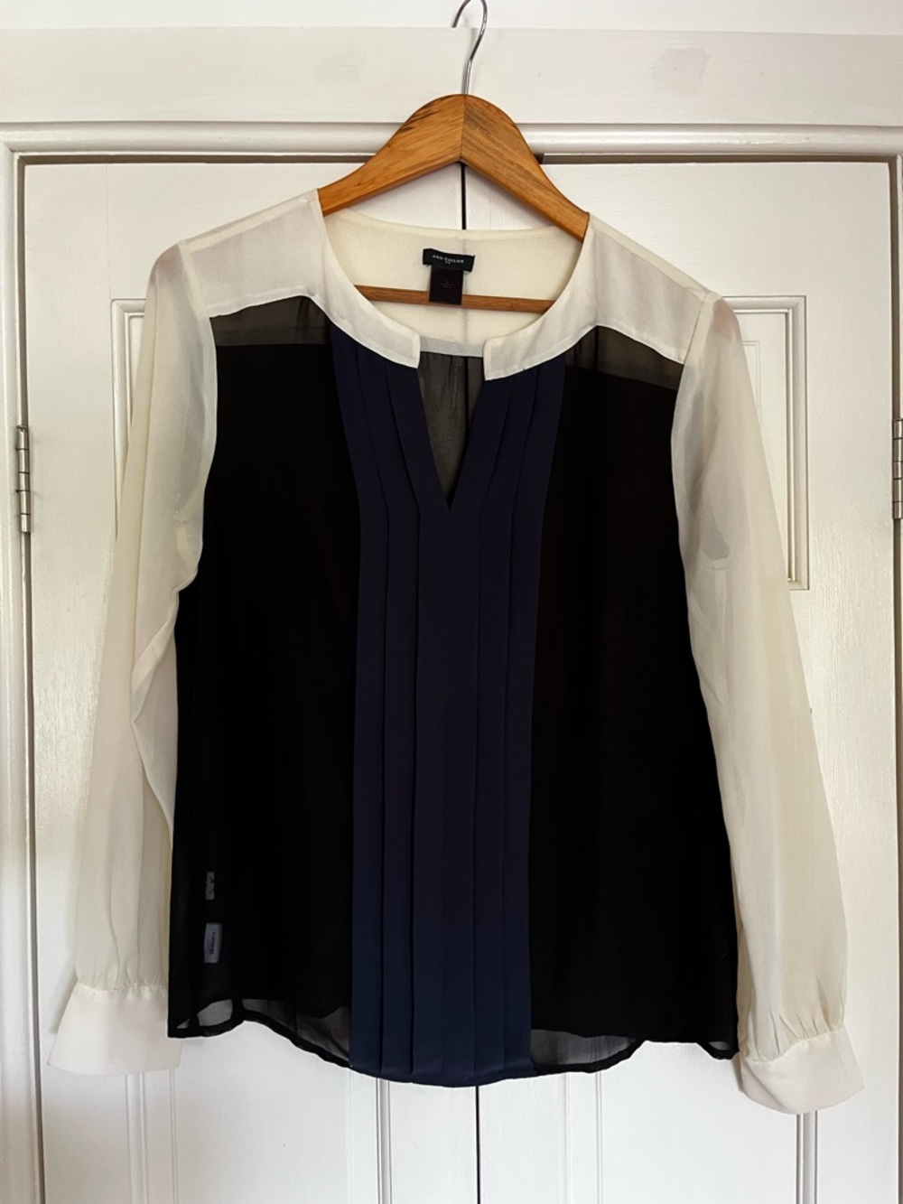 Ann Taylor Black, Ivory and Navy Pleated Chiffon Blouse